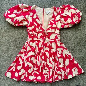House of Harlow 1960 Pink & White Floral Puff Sleeve Fit & Flare Dress Tassel